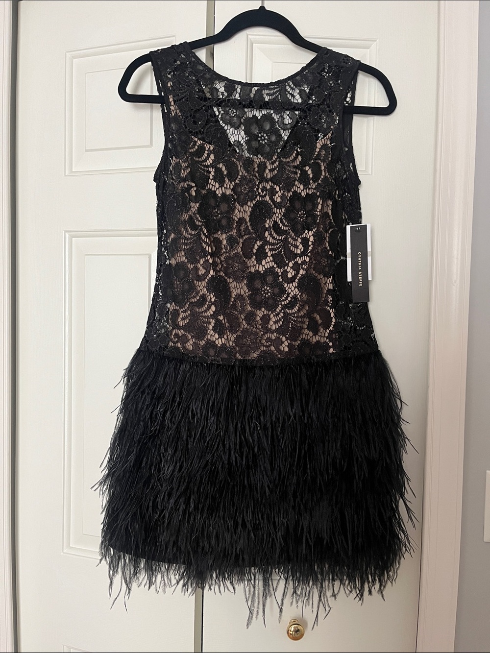 Cynthia Steffe size 0 Black Floral Lace Dress w/Nude Lining & feather skirt BNWT